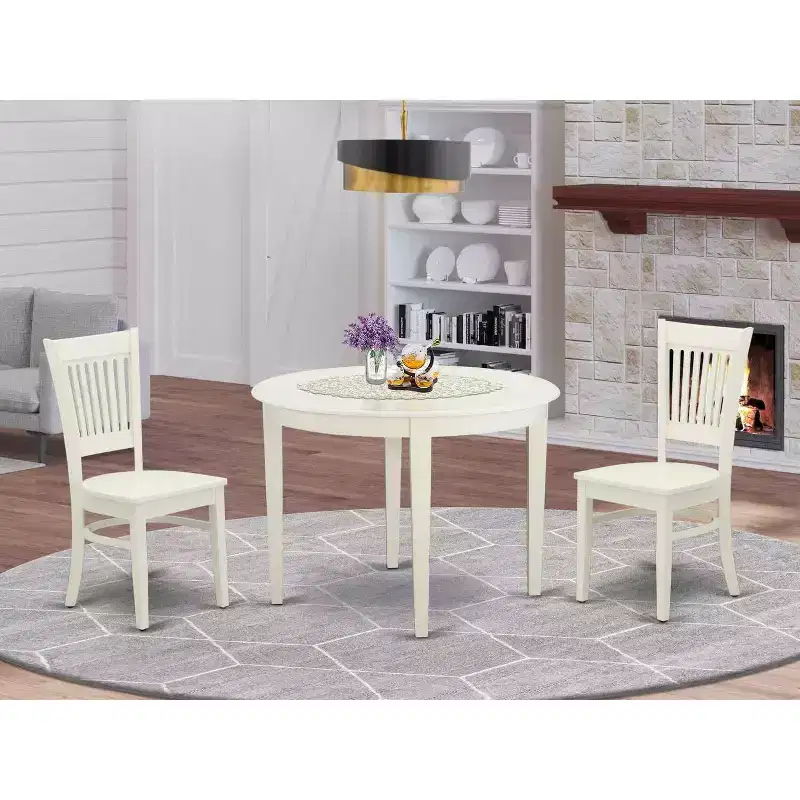 3-Piece Kitchen Table Set with Dining Chairs - Round Wood Table & Mid Century Style - Linen White Finish