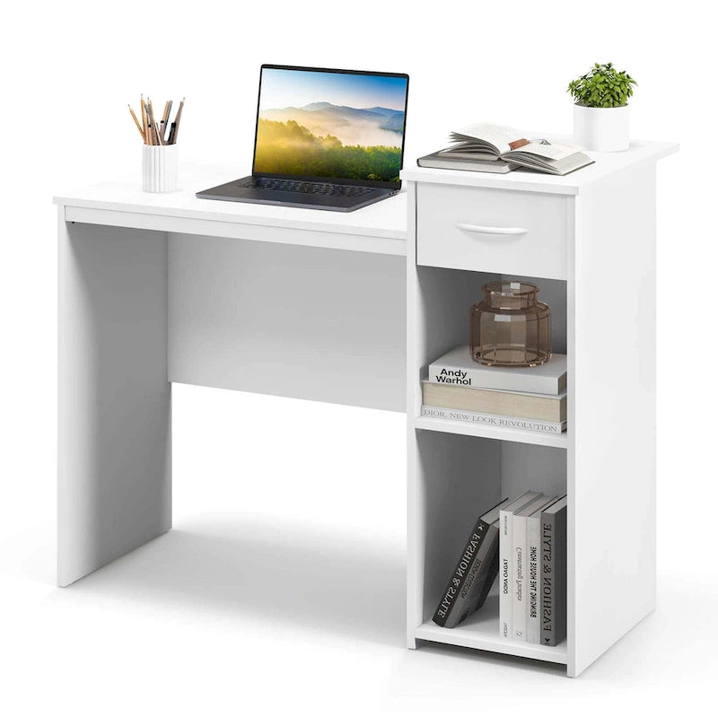 White MDF Computer Desk with Slide-Out Drawer, Adjustable Shelf and Cable Management for 1 Person