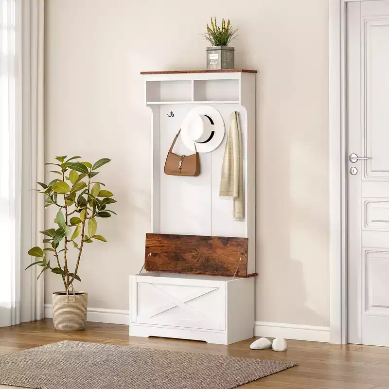 Farmhouse Hall Tree with 3 Metal Hooks, Coat Tree