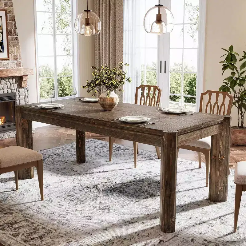 Lantine 63 Solid Wood Dining Table for 6 People, Farmhouse Kitchen Table with Heavy Duty Legs for Dining Room, Easy Assembly