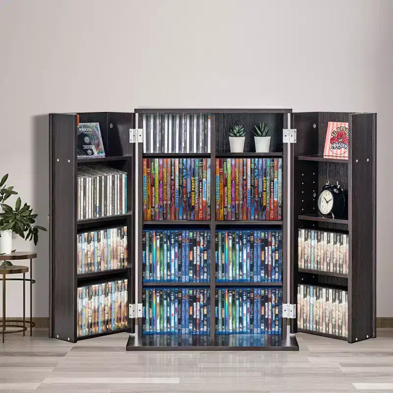 Media Storage Cabinet with Doors and Shelves, CD Storage Holds up to 576 CDs, Adjustable DVD Shelf, Brown