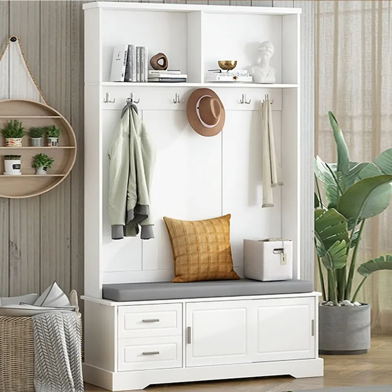 Hall Tree with Sliding Door, Cushioned Bench & Silver Handles
