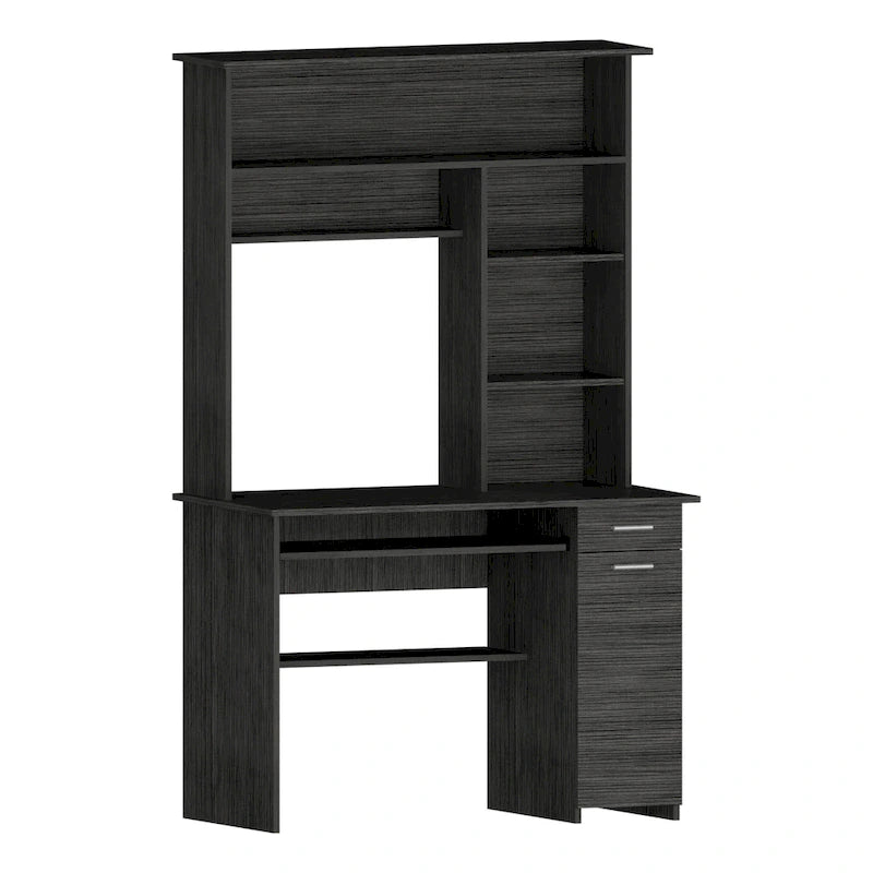 Light Grey / Dark Grey / Black Hutch Desk with 5 Shelves, Keyboard Tray, CPU Panel and Drawer for 1 Person