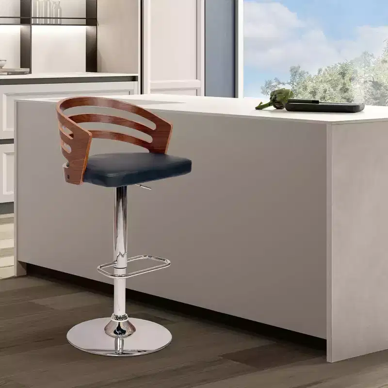Adjustable Height Swivel Barstool, Black Faux Leather & Walnut Wood, Chrome Base