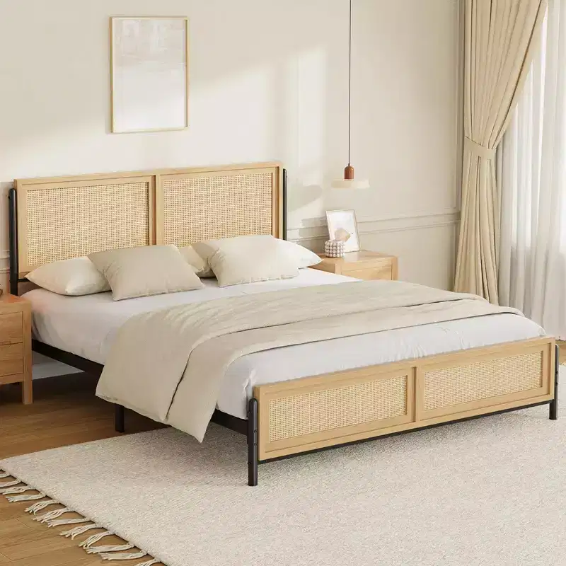 Natural Wood Bed Frame with Rattan Headboard