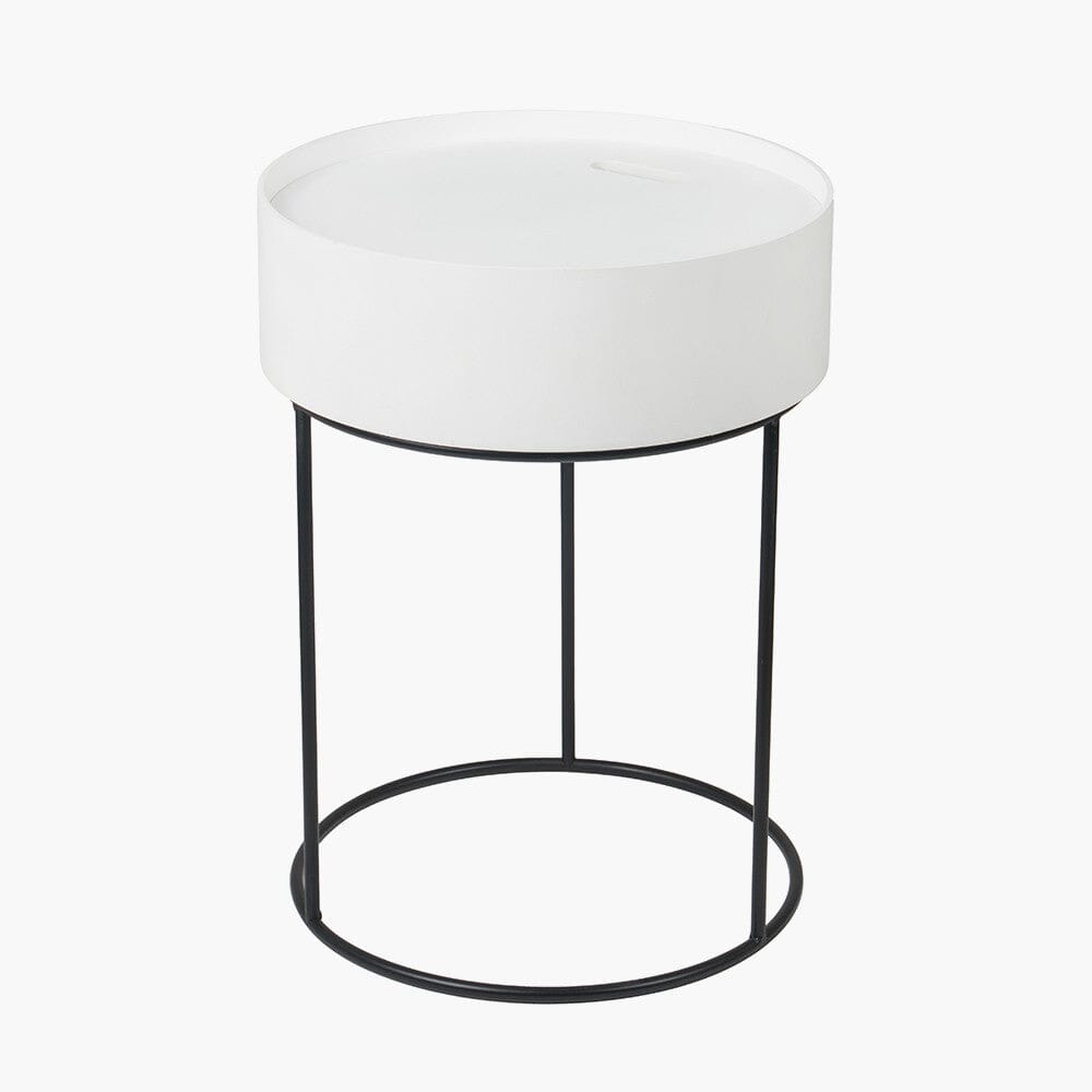 White Wood Veneer & Black Metal Storage Side Table