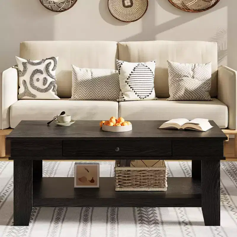 Rectangular Coffee Table with Drawer and Open Shelf, Rustic Center Table for Living Room, Stable Four-Leg Structure, Easy to Clean Surface