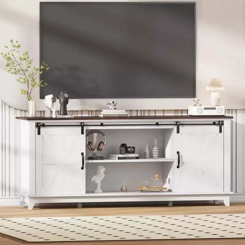 Acekool Farmhouse TV Stand for 75 in TV, White Entertainment Center with Barn Doors, Adjustable Shelves, Storage Cabinet for Living Room, 66 in