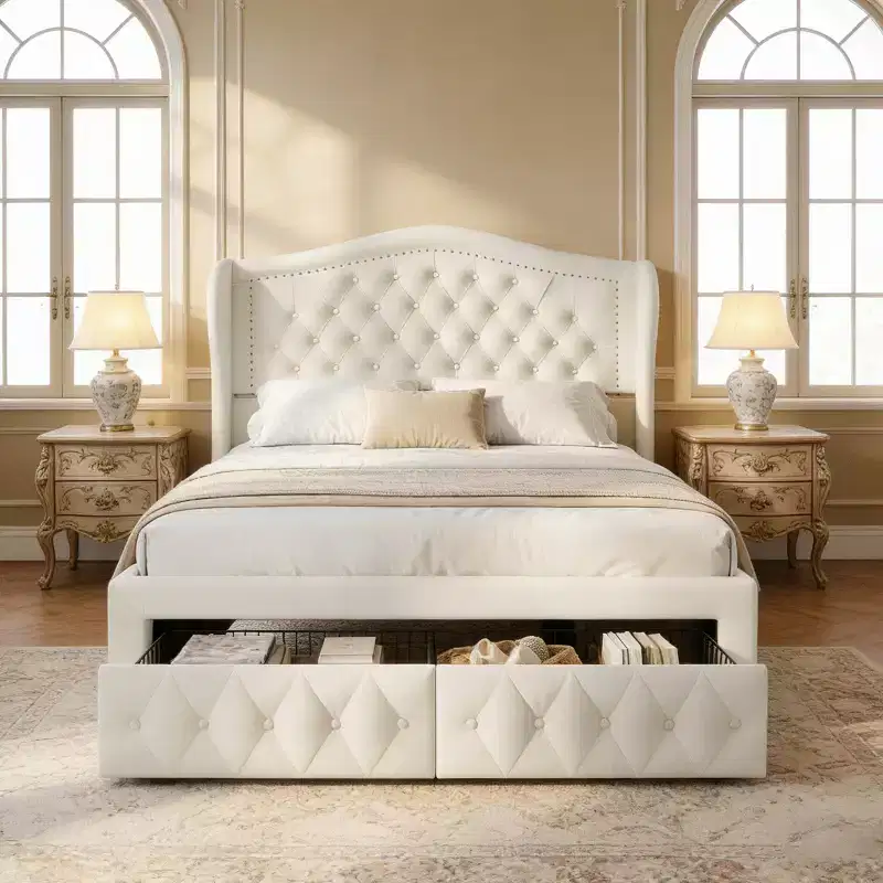 Dyonery modern light luxury style velvet soft-padded bed, diamond-shaped riveted headboard, large-capacity drawers with wheels