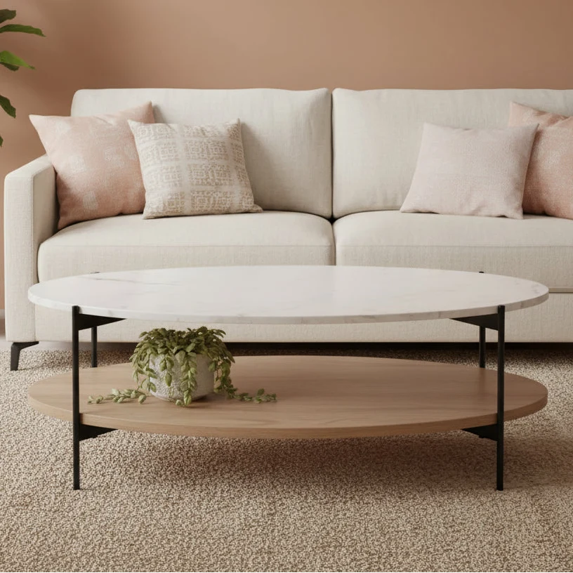 48 Brown & Black Genuine Marble and Metal Oval Coffee Table with Shelf