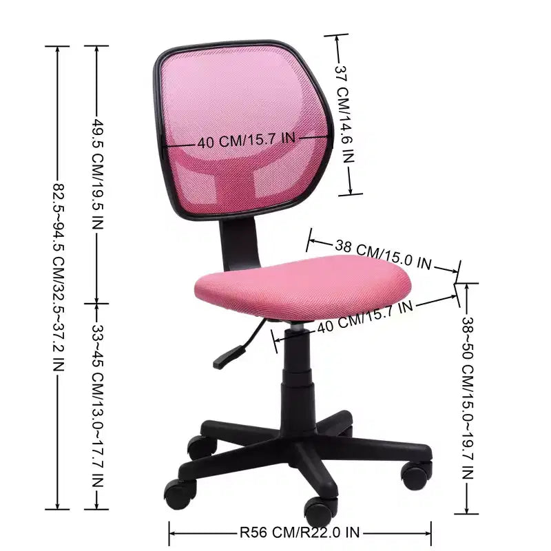 FurnitureR Desk Chair Mesh Armless, Ergonomic Adjustable Mid-Back Compact Rolling Swivel Computer Task Chair for Home Office Study Work, Pink