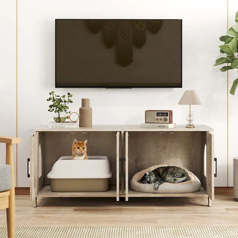 Wooden Cat Litter Box Enclosure Cabinet with Side Entry White Brown