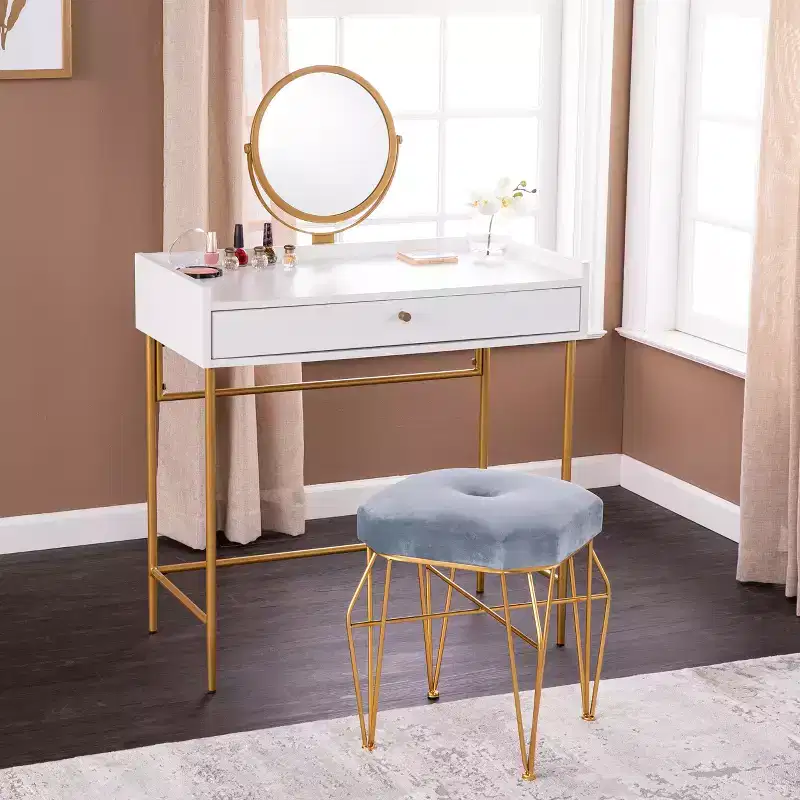 Vanity Table with 360�� Swivel Mirror & Drawer - Gold & White