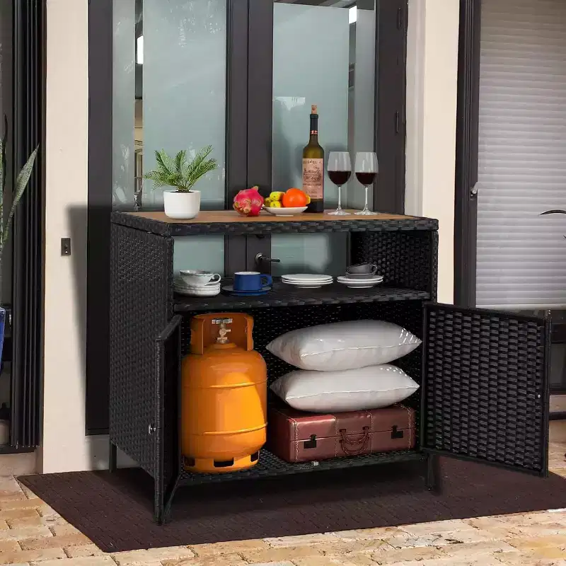 Black & Brown Rattan 2-Door Outdoor Storage Cabinet, Single-Person Assembly