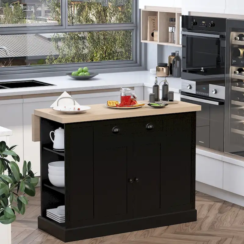 HOMCOM Fluted-Style Wooden Kitchen Island, Countertop with Drop Leaf, Drawer, Open Shelves, Storage