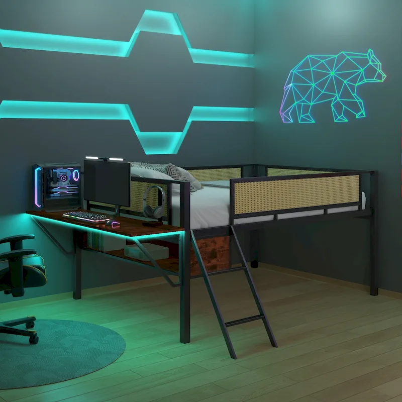 Full Size Metal Loft Bed with Desk, LED Lights and Storage, Black and Brown