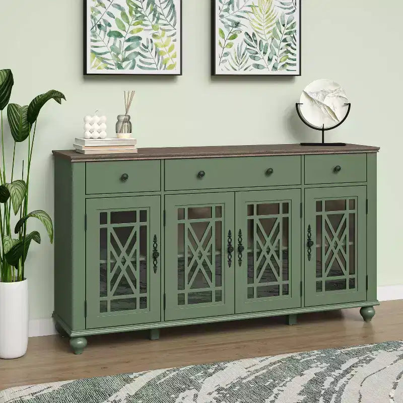 63 Vintage Style Buffet Sideboard Cabinet with Drawers, Green