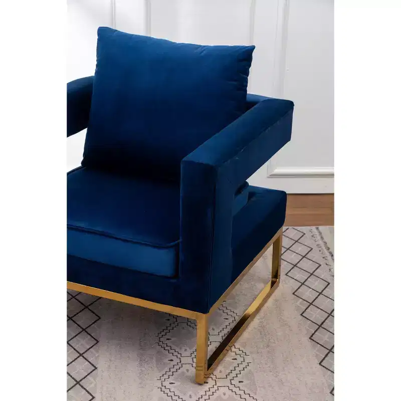 Contemporary Upholstered Accent Arm Chair | Gold Metal Frame | Blue Velvet
