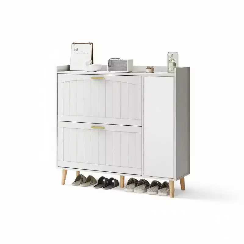 Modern White Shoe Cabinet with Mirror, 2 Flip Drawers & Side Storage, Freestanding Organizer with Adjustable Shelves for Hallway, Bedroom,Living Room