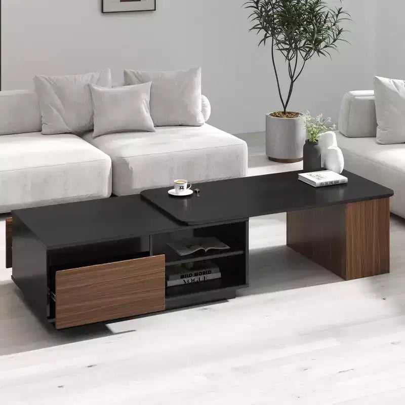 Modern Extendable Coffee Table with 2 Drawers & 2-Tier Shelves, Living Room Center Table