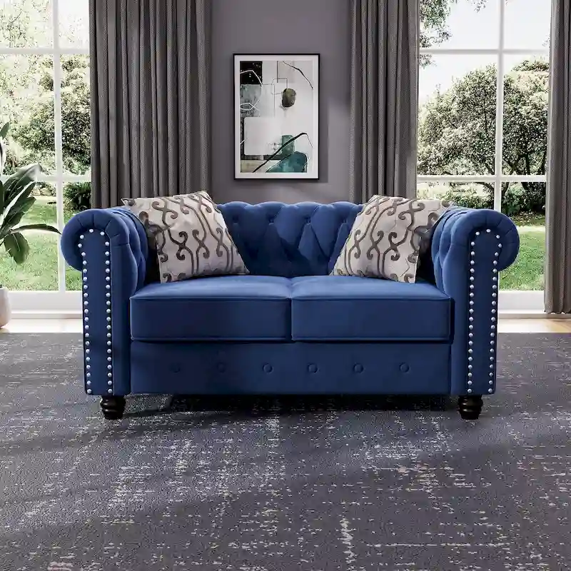 Morden Fort Velvet Chesterfield Loveseat with Button Tufted, Nailhead and Solid Legs for Living Room