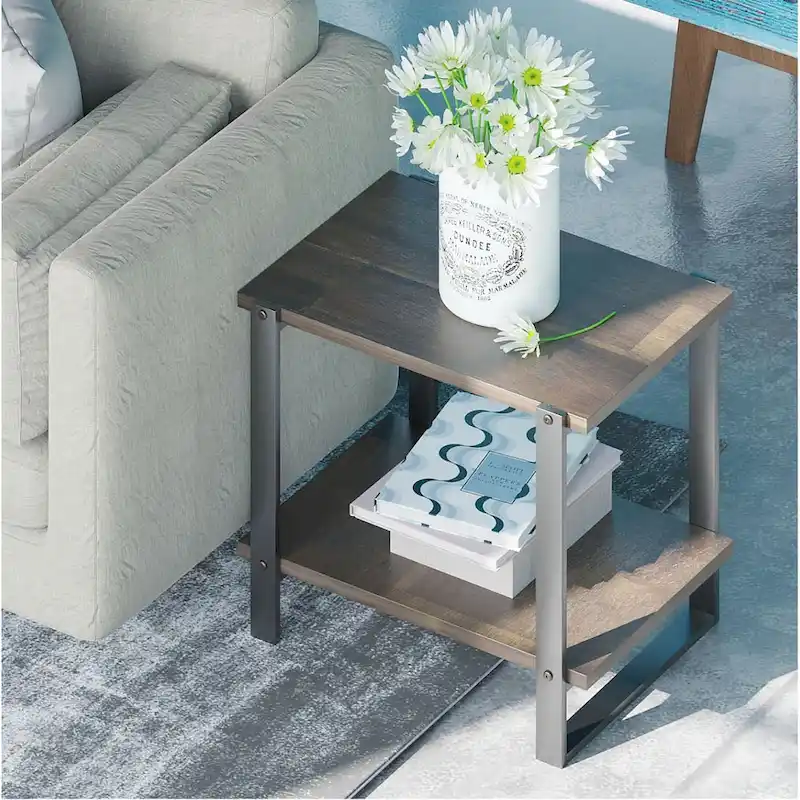 Brown Industrial 2-Tier Acacia Wood Side Table