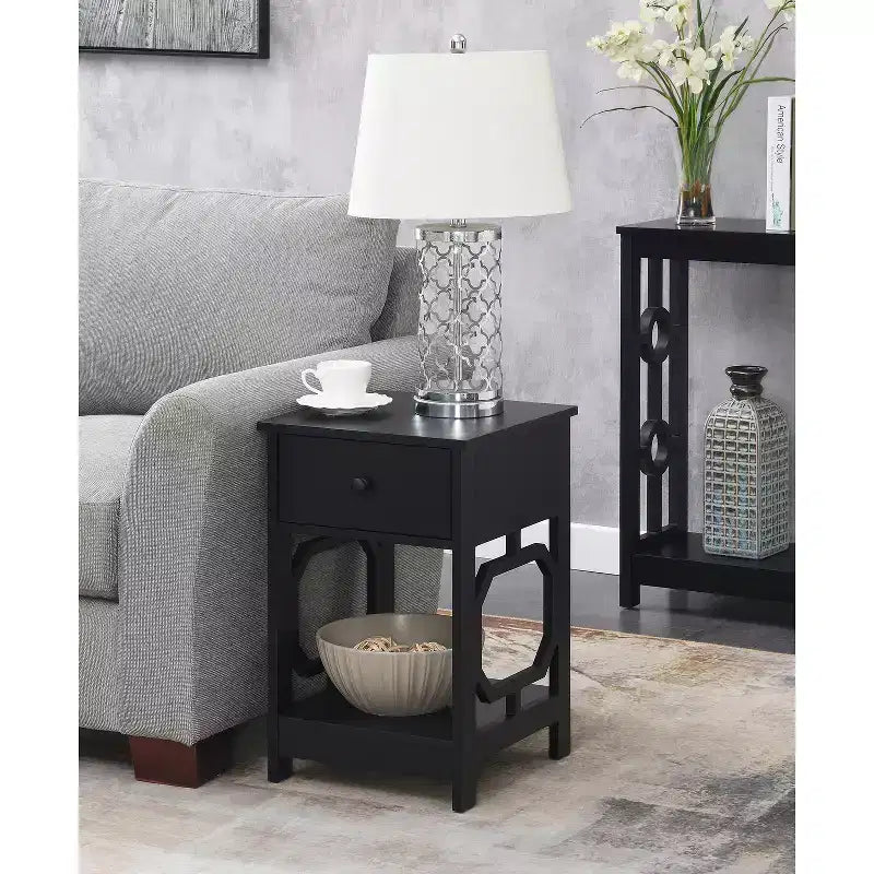 1-Drawer End Table with Octagon Side Design, Two-Tier Shelves, Stylish Accent Table for Bedroom Storage