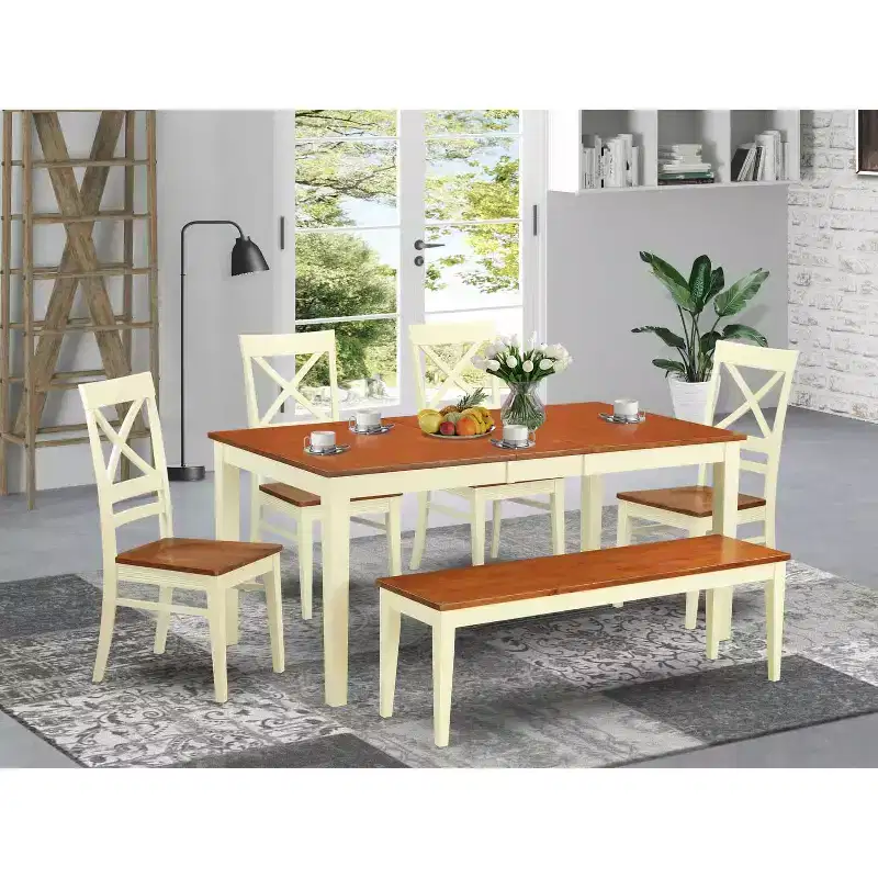 HomeStock 6-Piece Rectangle Buttermilk and Cherry Finish Solid Wood Top dining Table with 1-Bench and 4-Chairs