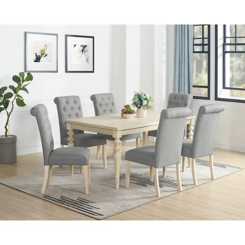 7-piece Dining Set, Turned-Leg Dining Table with 6 Tufted Chairs