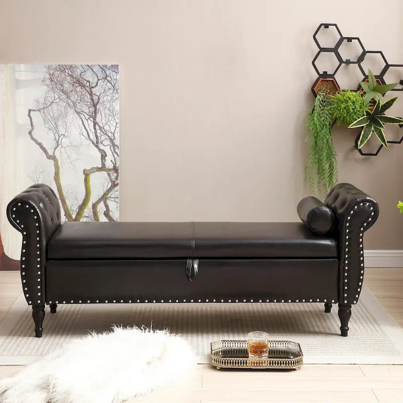Upholstered Storage Ottoman Bench – Brown / Beige / Blue / Black / Grey / Pink, Velvet, Rolled Arms, Seats 2