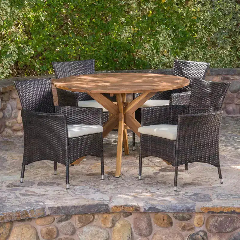Christopher Knight Home Carroll Outdoor Wicker and Acacia Wood 5 Piece Dining Set with Cushion