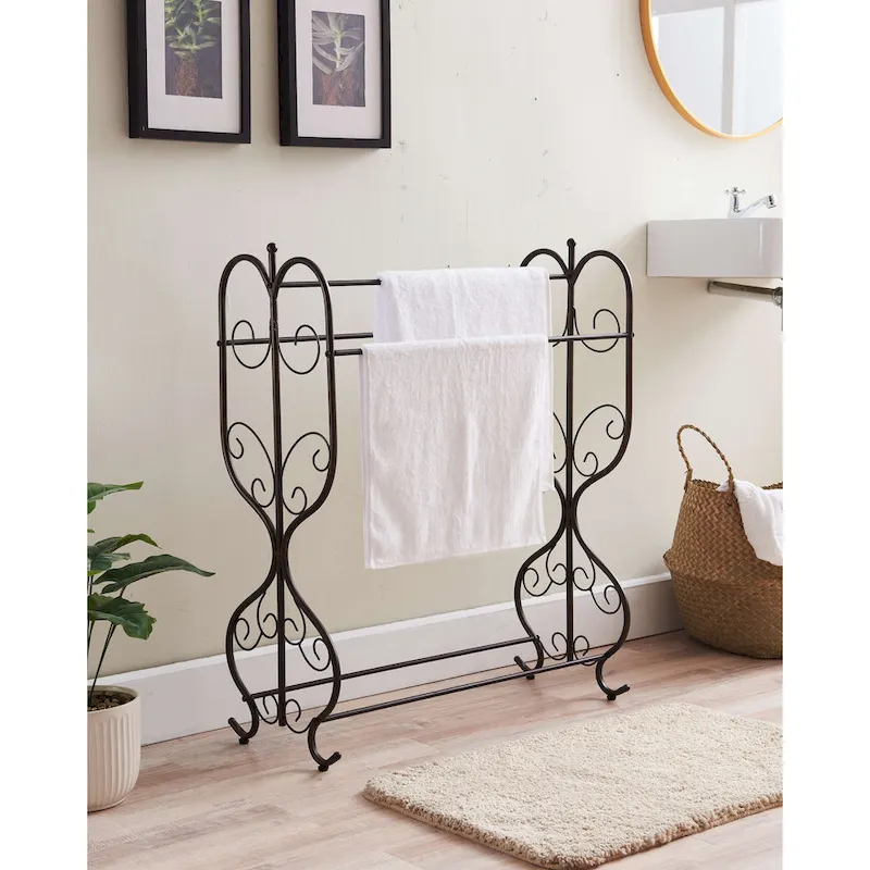 Vintage Style Freestanding Metal Towel Rack with Scroll Work, Pewter Black