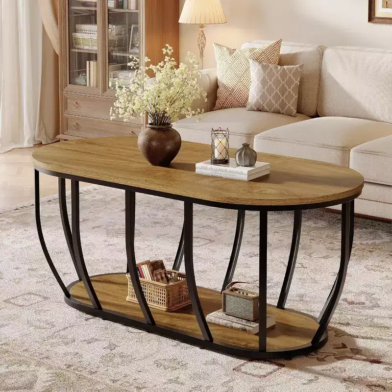 Lantine 47.2-Inch Oval Coffee Table with 2-Tier Storage, Industrial Wooden Cocktail Table for Living Room, Home Office, Rustic Brown