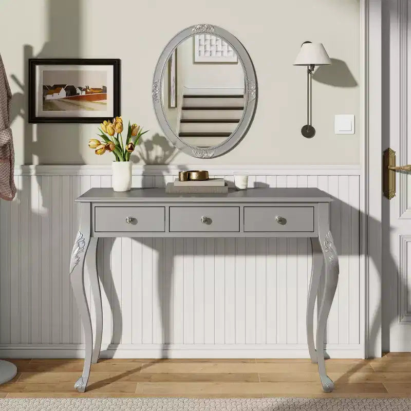 Vintage Makeup Vanity Desk with Oval Mirror, 3 Drawers for Bedroom or Entryway, Gold Finish, Space-Saving Design