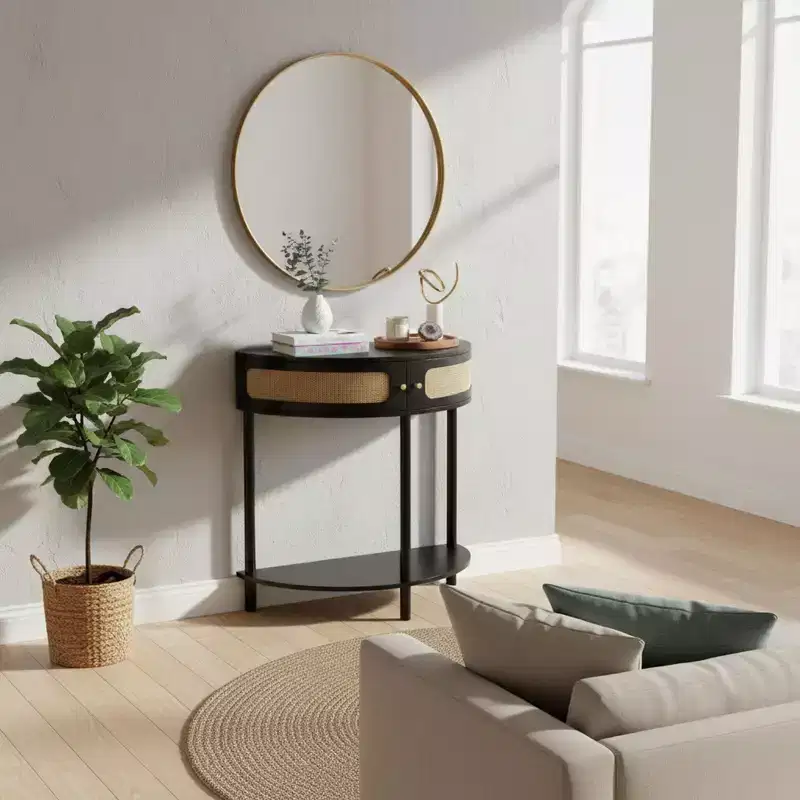 Half-Moon Console Table with Rattan Front, MDF Top & Solid Wood Legs, 31.5 Wide with Storage Drawer