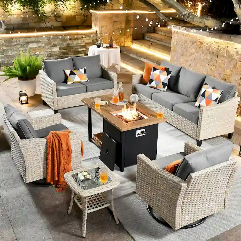 HOOOWOOO 6-piece Wicker Patio Outdoor Furniture Fire Pit Set with Swivel Rocking Chair
