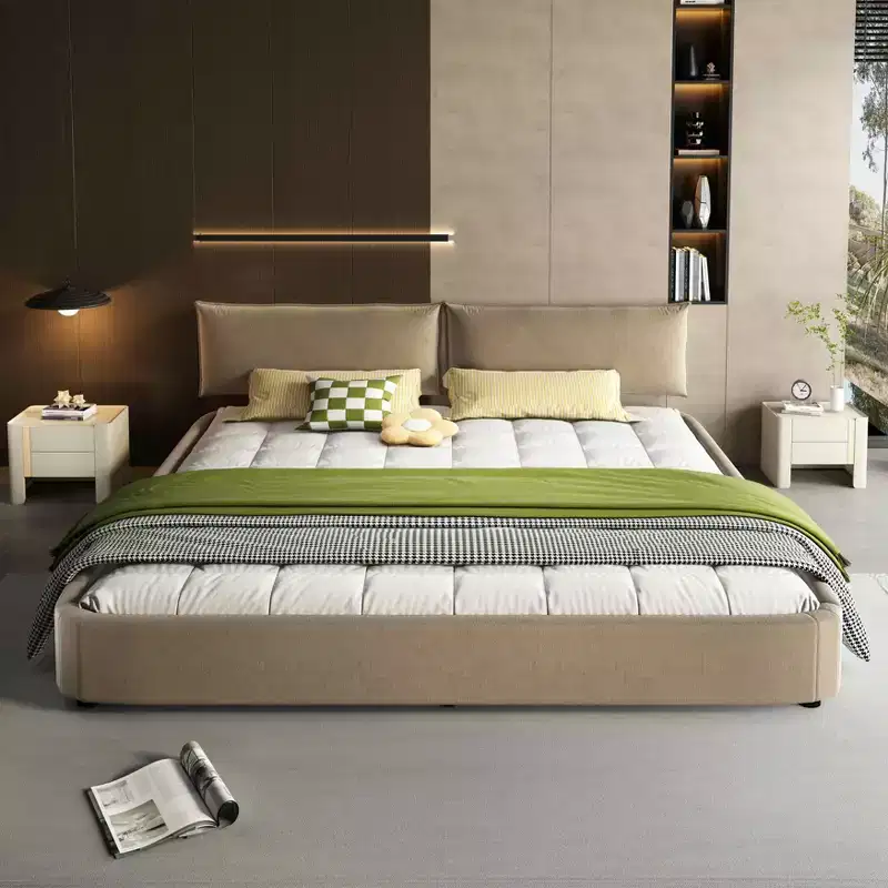 MAYEERTY King Size Cloud Bed Frame with Oversized Padded Movable Headboard, Round Corner, Metal Solid Wooden Slat Double Support Camel