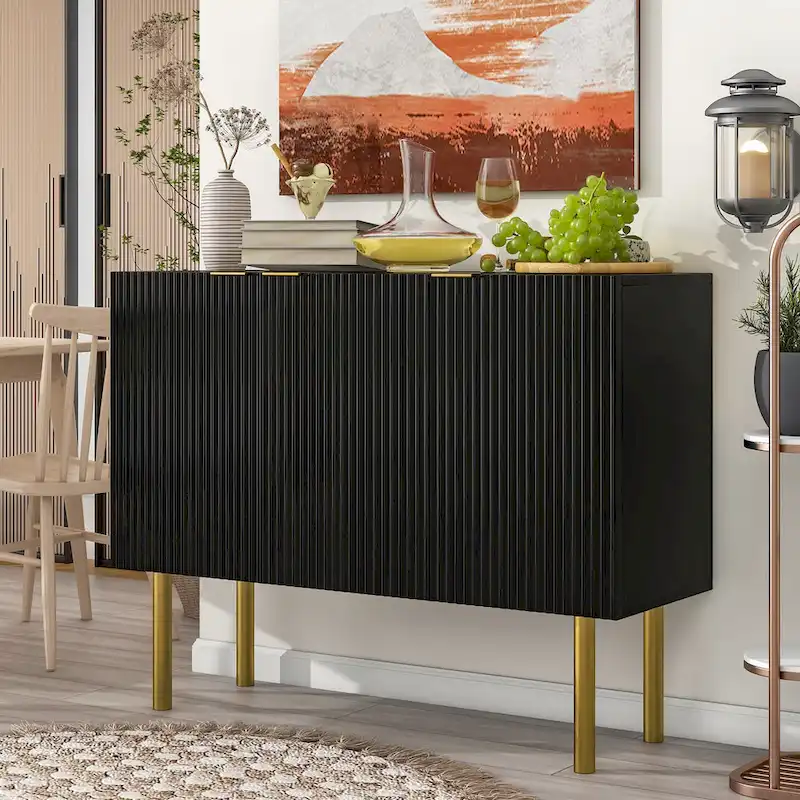 Modern Fluted Sideboard Cabinet with Gold Metal Legs and Adjustable Shelves, Black White