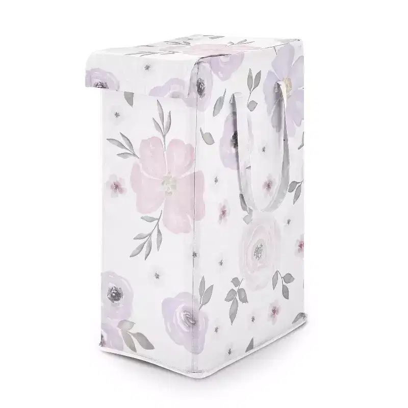 Sweet Jojo Designs Girl Foldable Laundry Hamper with Handles Watercolor Floral Lavender Purple Pink and Grey