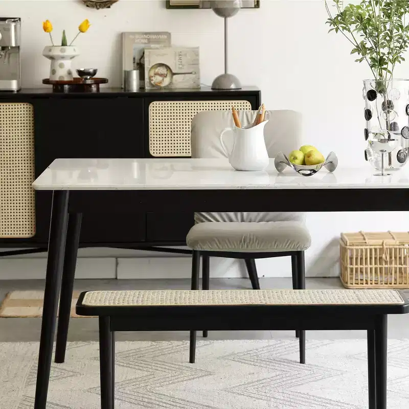 Farmhouse 47 Oak Wood Dining Bench with Rattan Detail