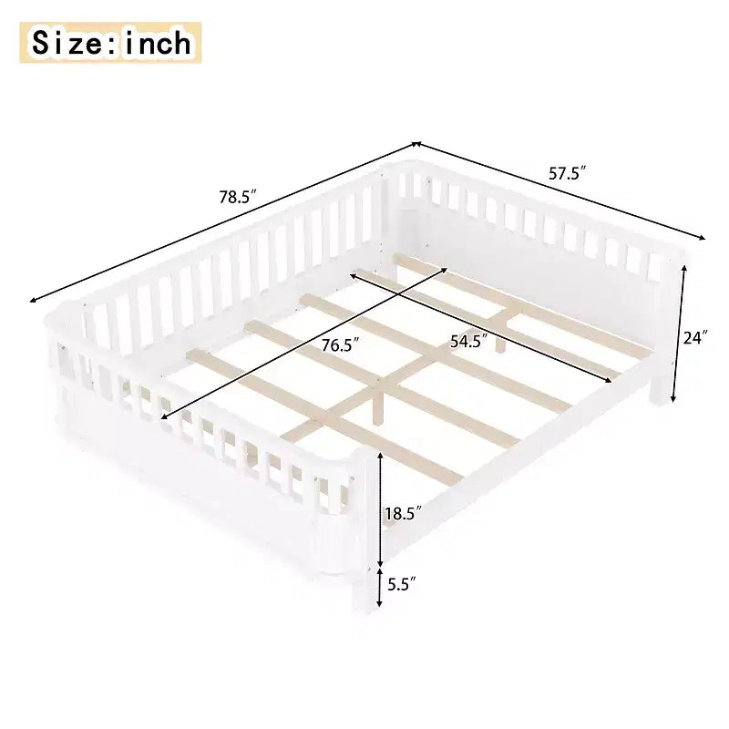 Bellemave Full Platform Bed with Safety Guardrails and Detachable Fence, Solid Wood Platform Bed for Kids, White