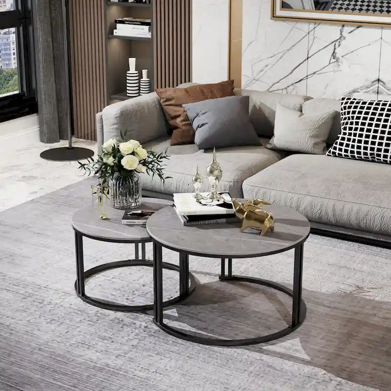 2X Round Nested Coffee Table SinteredStone Top Metal Tables - 27x16