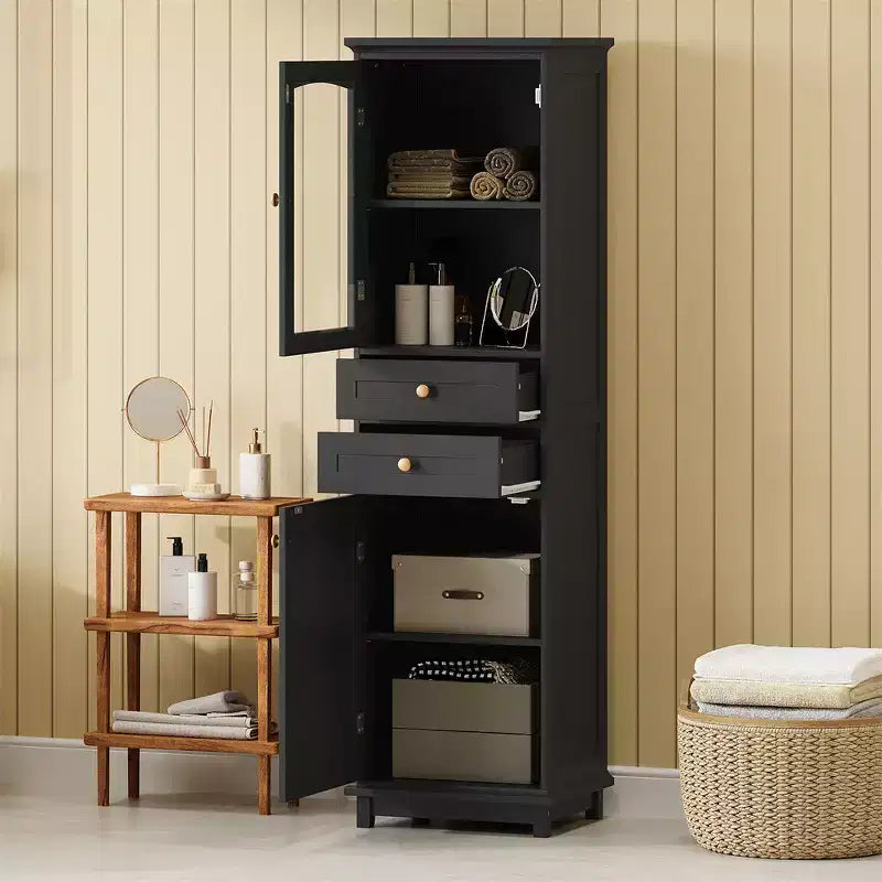 Bathroom Cabinet, Modern Tall Storage Cabinet With Glass Door, Freestanding Floor Cabinet With Adjustable Shelves & 2 Drawer