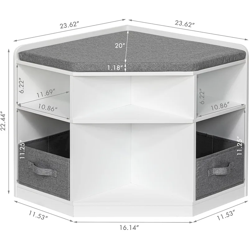 UTEX Corner Reading Nook, Bench with Storage, Corner Cabinet with 3 Cubbies for Living Room, Bedroom, White