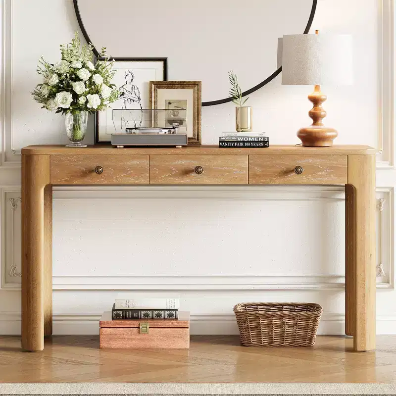 JVNOXK 52-inch Rustic-Style Thick-Leg Console Table with 3 Hidden Drawers Rounded-Edge Entryway Table for Living Rooms Natural Wood Finish
