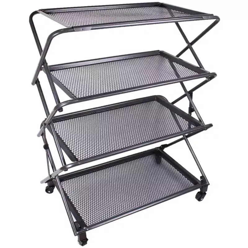 4-Tier Foldable Steel Shelf with Casters, Powder-Coated, Removable Mesh Trays, 39