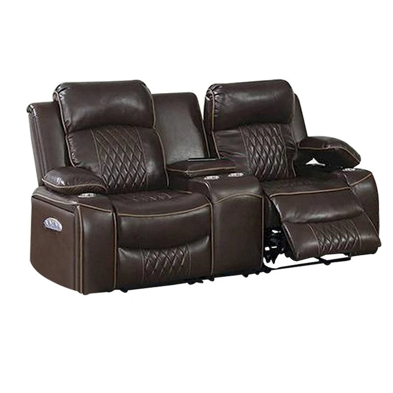 Seda 71 Inch Power Reclining Loveseat, Storage Console, Brown Faux Leather