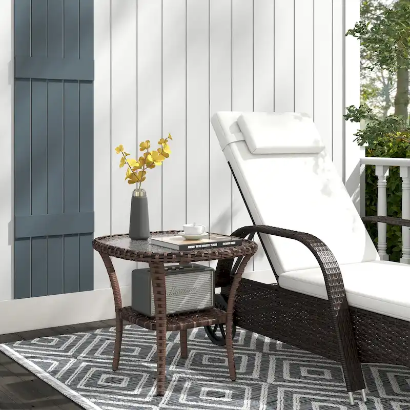 Rattan Coffee Table with Storage Shelf, Wicker Side Table with Glass Top, Outdoor End Table
