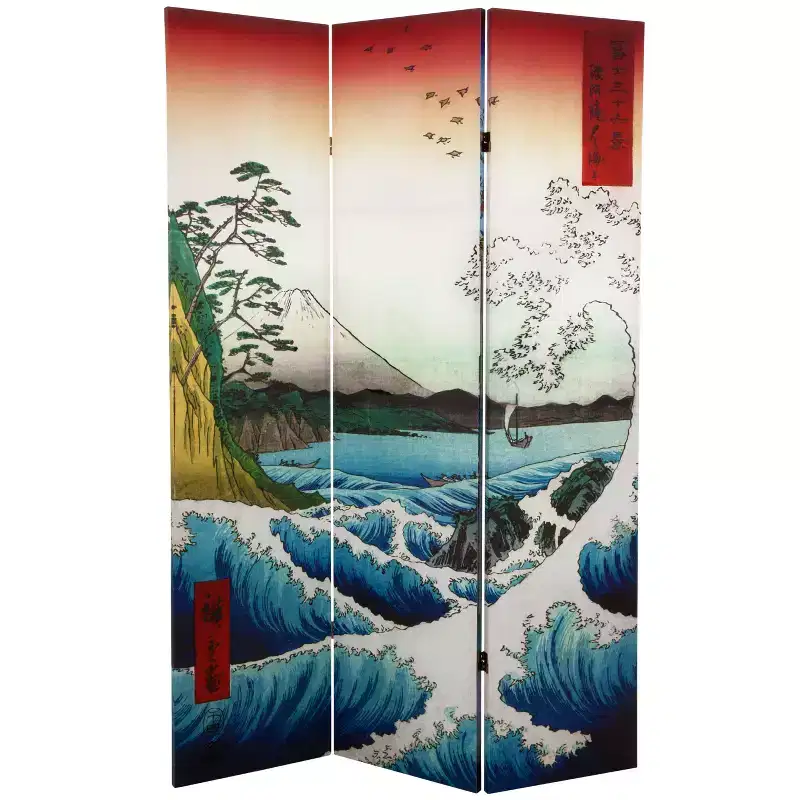 182,9 cm Tall Double-Sided Hiroshige Room Divider �C 3-Panel Folding Privacy Screen