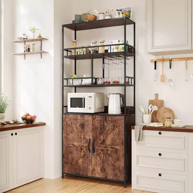 70.8 Industrial Bar Cabinet, 5 Tier Freestanding Wine Rack with Cabinet & Glass Holder, Tall Kitchen Storage Shelf, Liquor Organizer, Baker's Rack